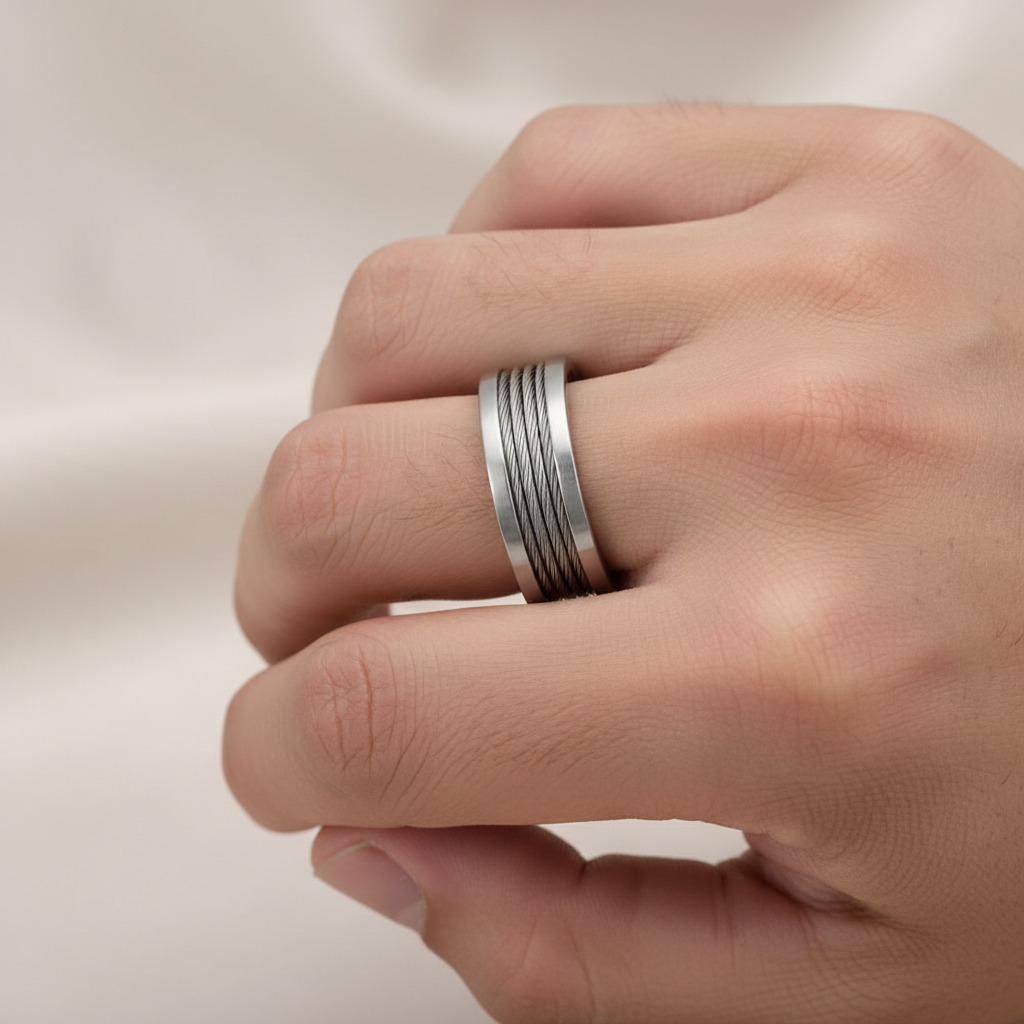 Titanium with Grey Stainless Steel Wire 7mm Ring