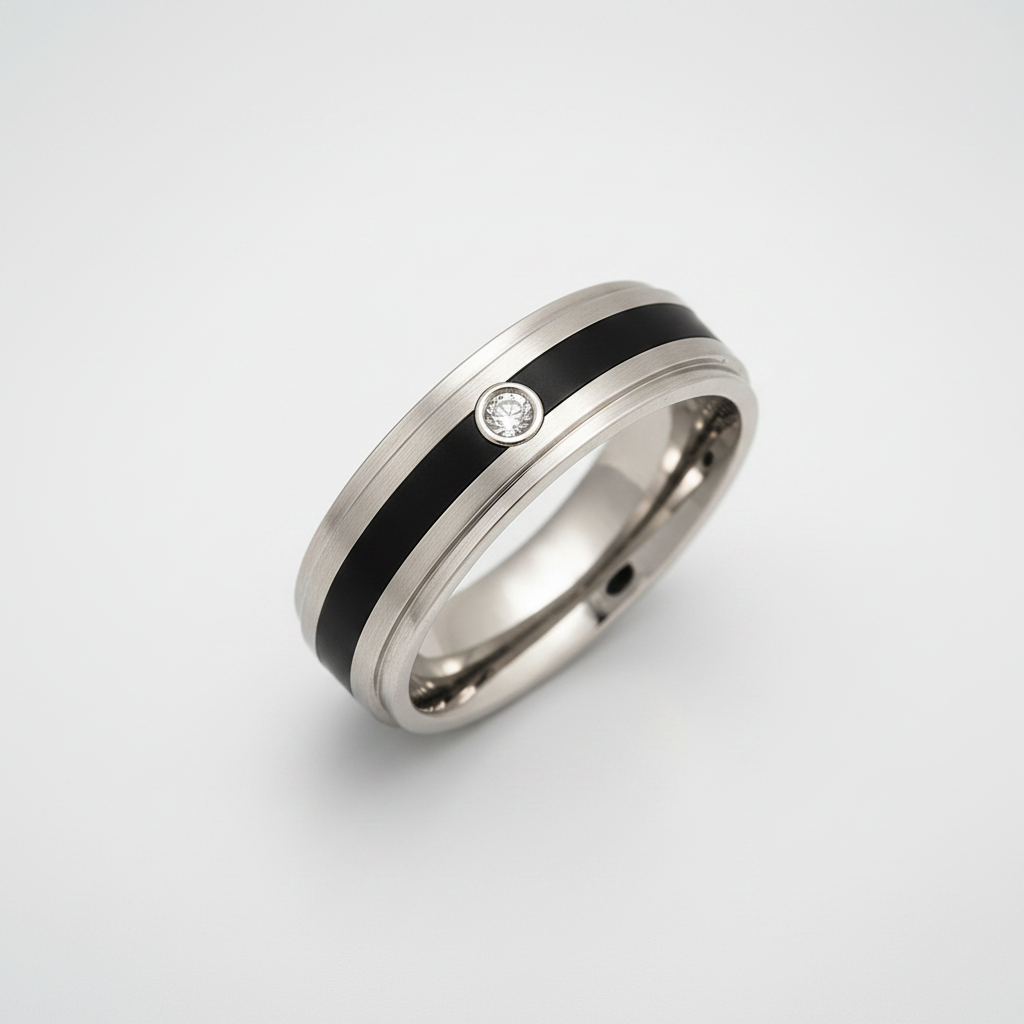 Titanium and Enamel Inlay 0.05ct Diamond Matt 8mm Ring