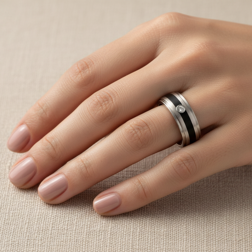 Titanium and Enamel Inlay 0.05ct Diamond Matt 8mm Ring