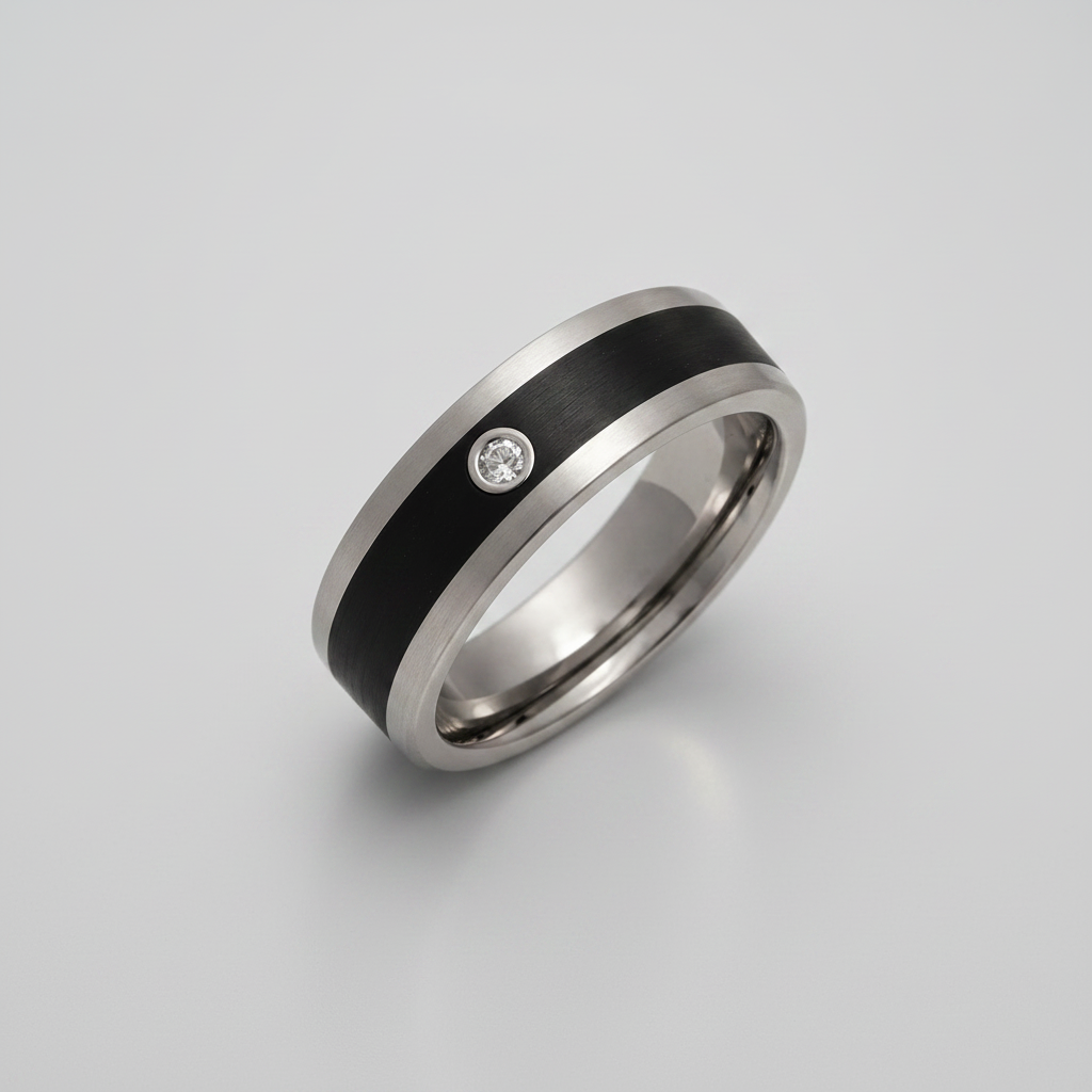 Titanium and Enamel Inlay 0.05ct Diamond Matt 7mm Ring