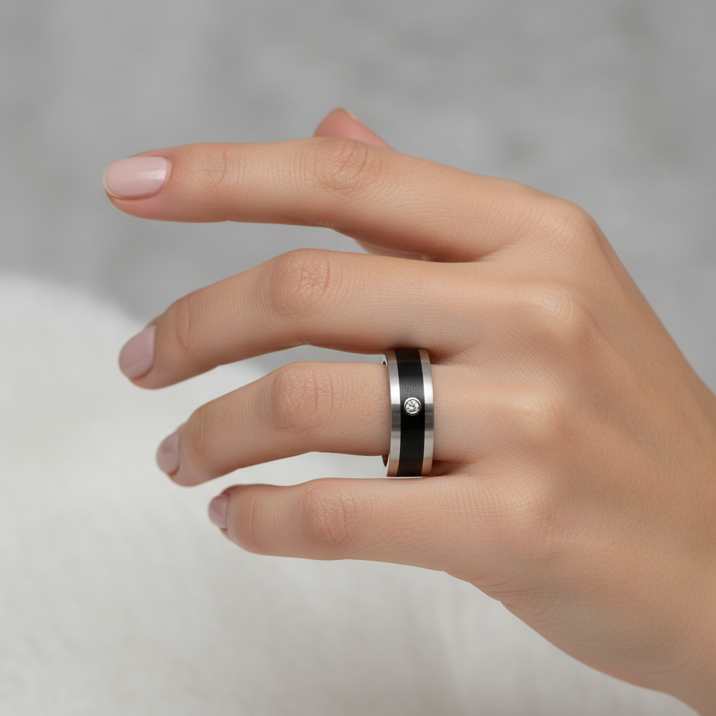 Titanium and Enamel Inlay 0.05ct Diamond Matt 7mm Ring