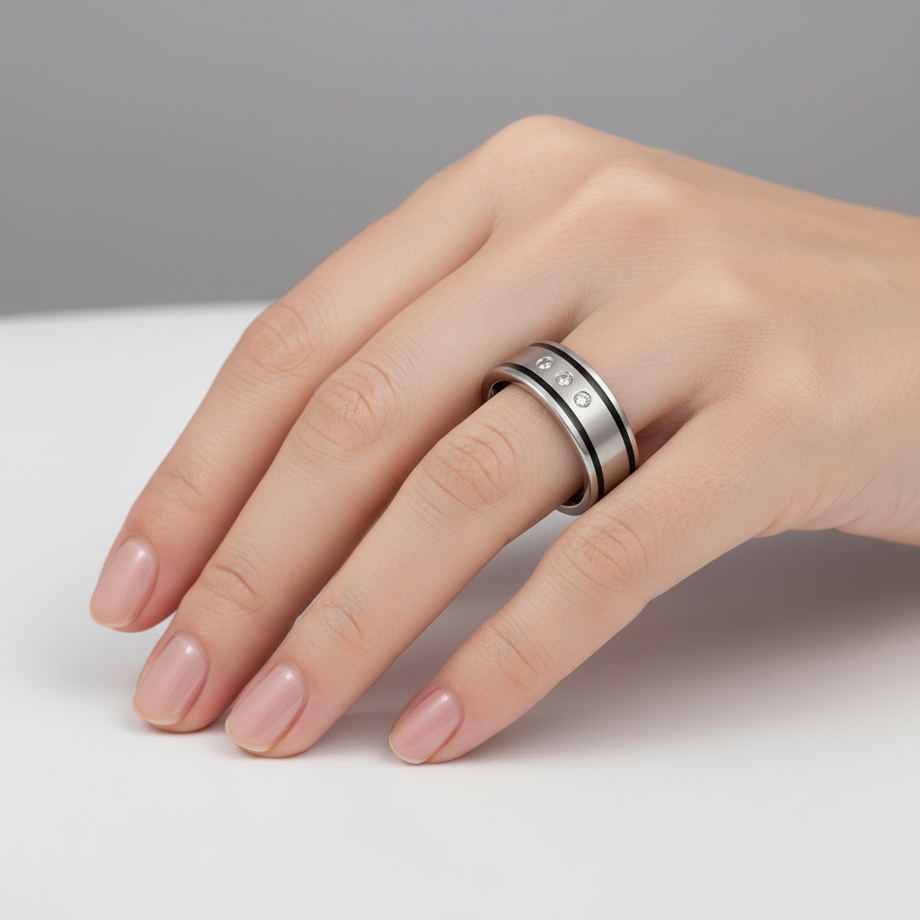 Titanium and Enamel Inlay 0.06ct Diamond 7mm Ring