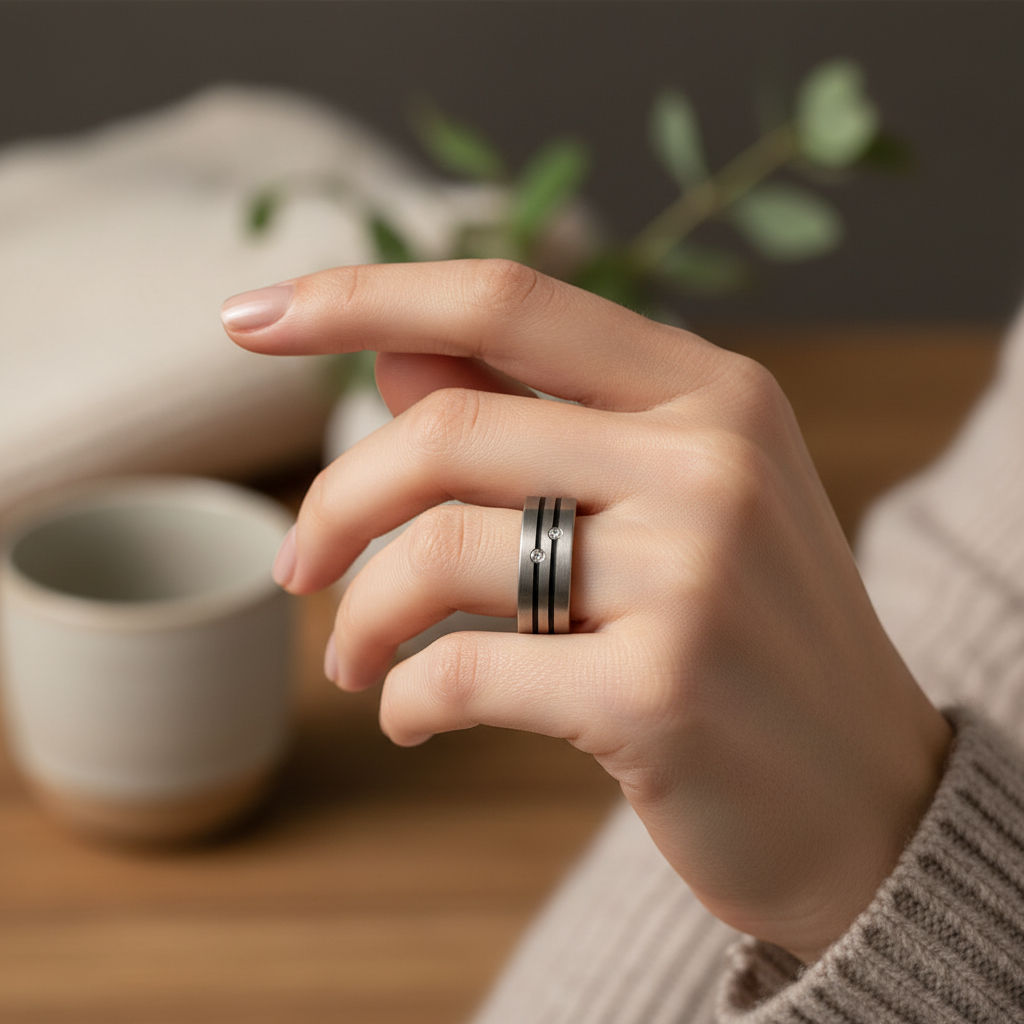 Titanium and Enamel Inlay 0.04ct Diamond Matt 7mm Ring