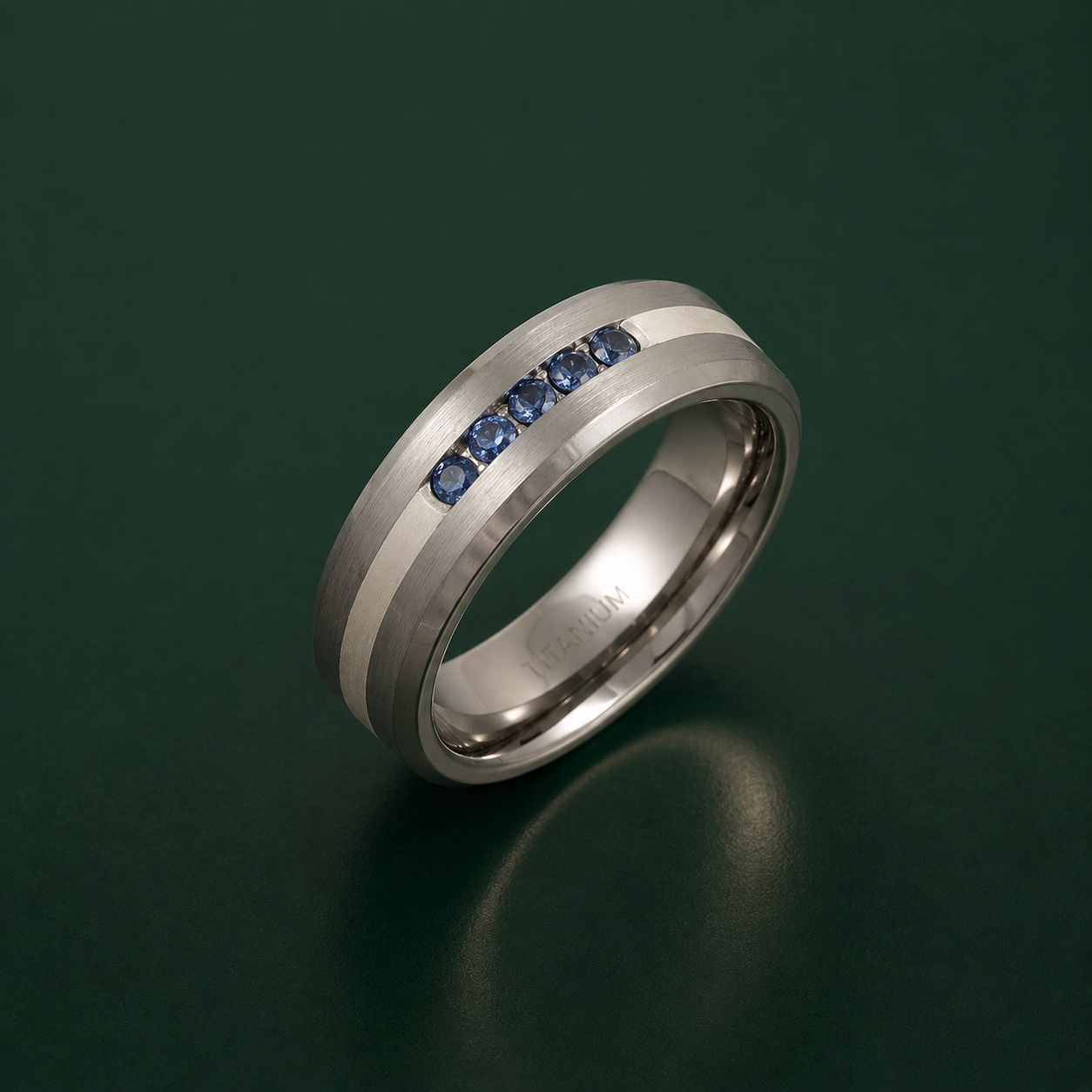 Titanium and Silver Inlay 5 Sapphires Matt 7mm Ring