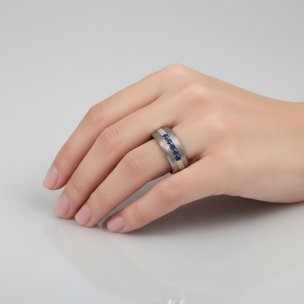 Titanium and Silver Inlay 5 Sapphires Matt 7mm Ring