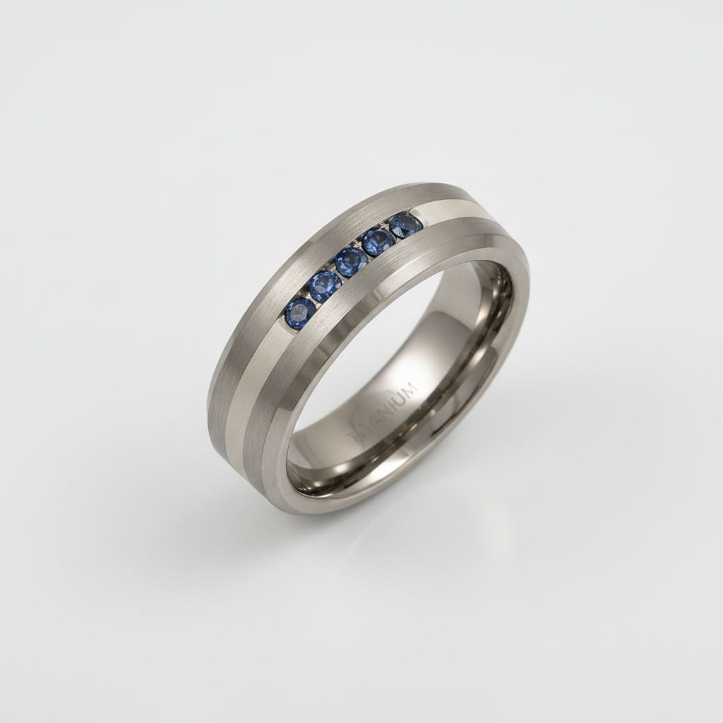 Titanium and Silver Inlay 5 Sapphires Matt 7mm Ring