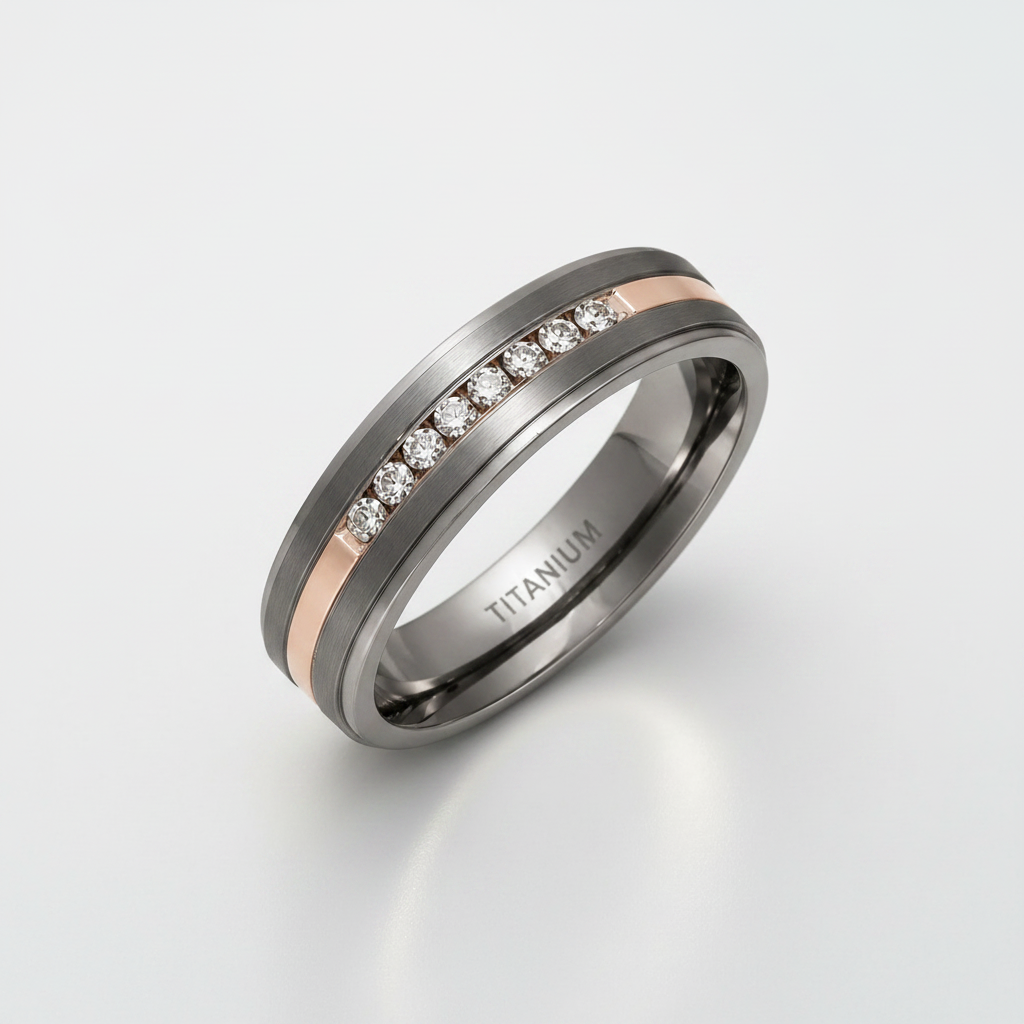Titanium and Silver Inlay Flat Court Shape CZ Matt 6mm Ring