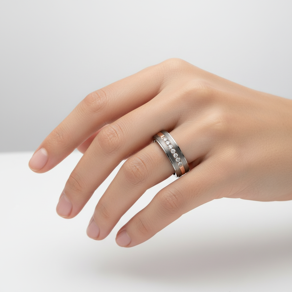 Titanium and Silver Inlay Flat Court Shape CZ Matt 6mm Ring