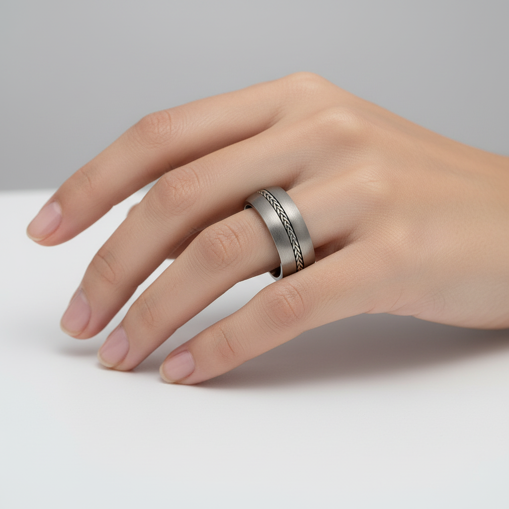 Titanium Court Shape with Silver Chain Inlay Matt 8mm Ring