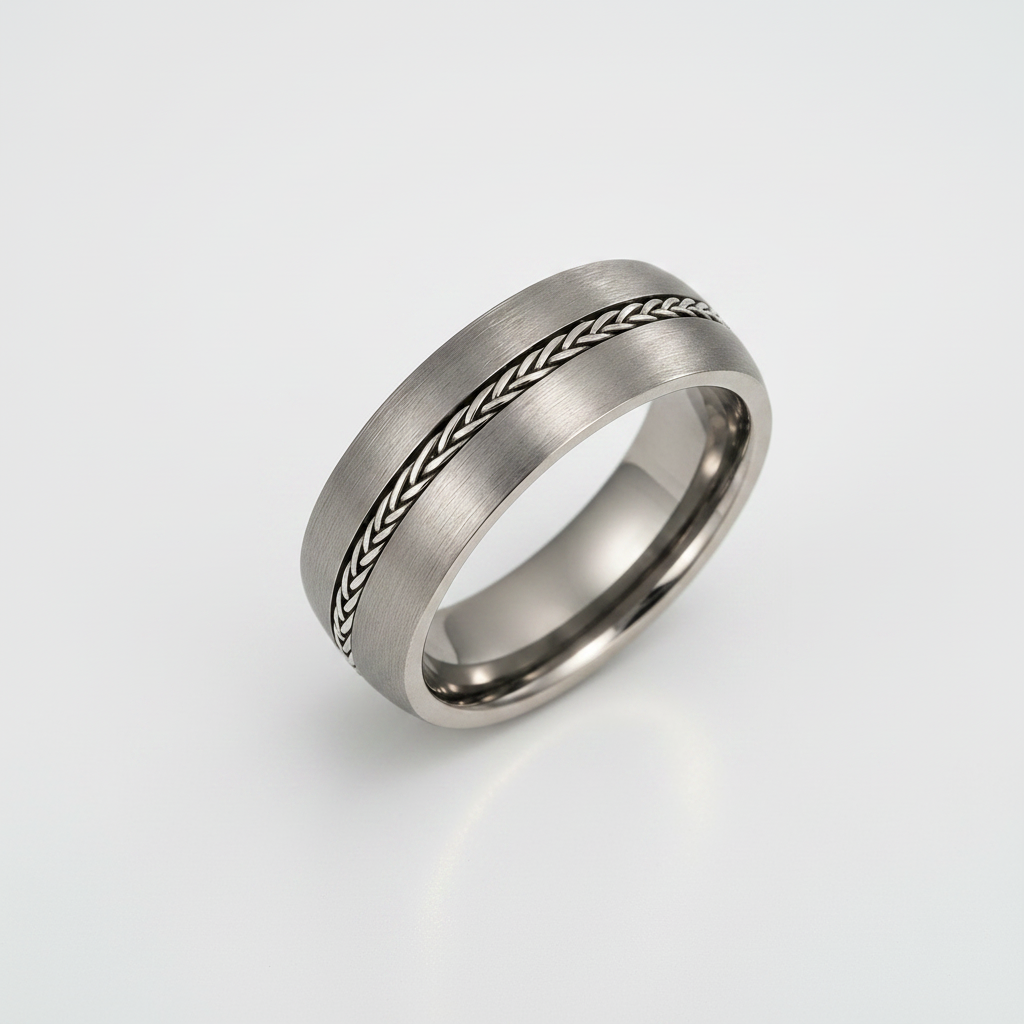 Titanium Court Shape with Silver Chain Inlay Matt 8mm Ring