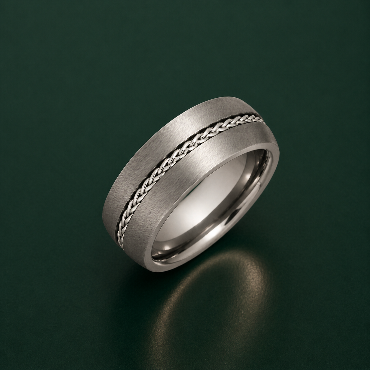Titanium Court Shape with Two Silver Rope Inlay Matt 8mm Ring