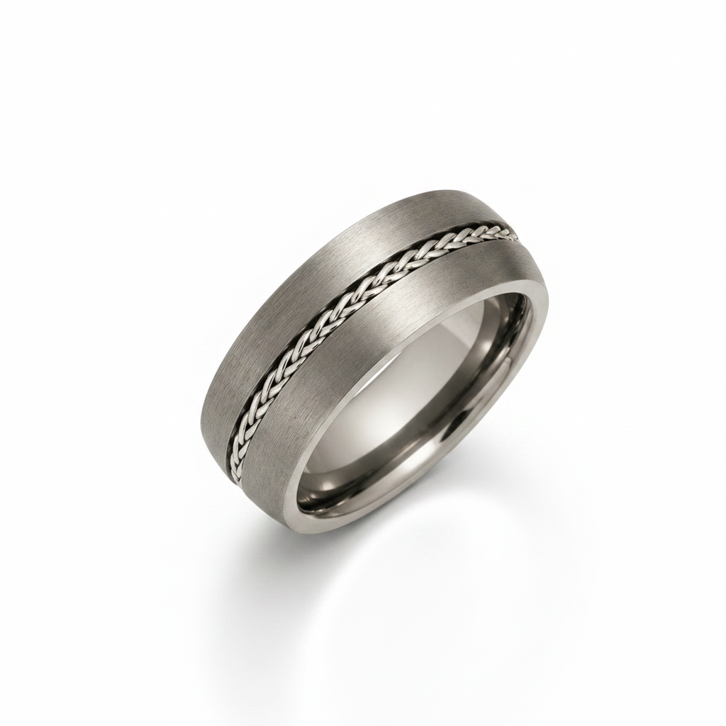 Titanium Court Shape with Two Silver Rope Inlay Matt 8mm Ring