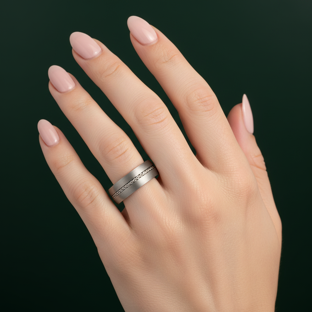 Titanium Court Shape with Two Silver Rope Inlay Matt 8mm Ring