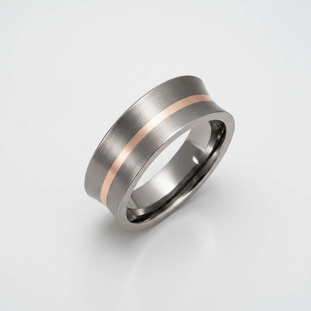 Titanium Concave Court Shape with Silver Inlay 8mm Ring