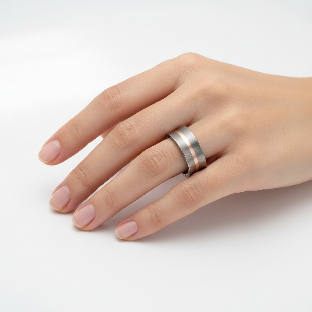 Titanium Concave Court Shape with Silver Inlay 8mm Ring