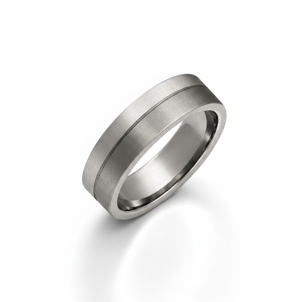 Titanium and Silver Inlay Flat Court Shape 7mm Ring