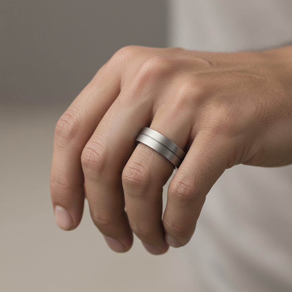Titanium and Silver Inlay Flat Court Shape 7mm Ring