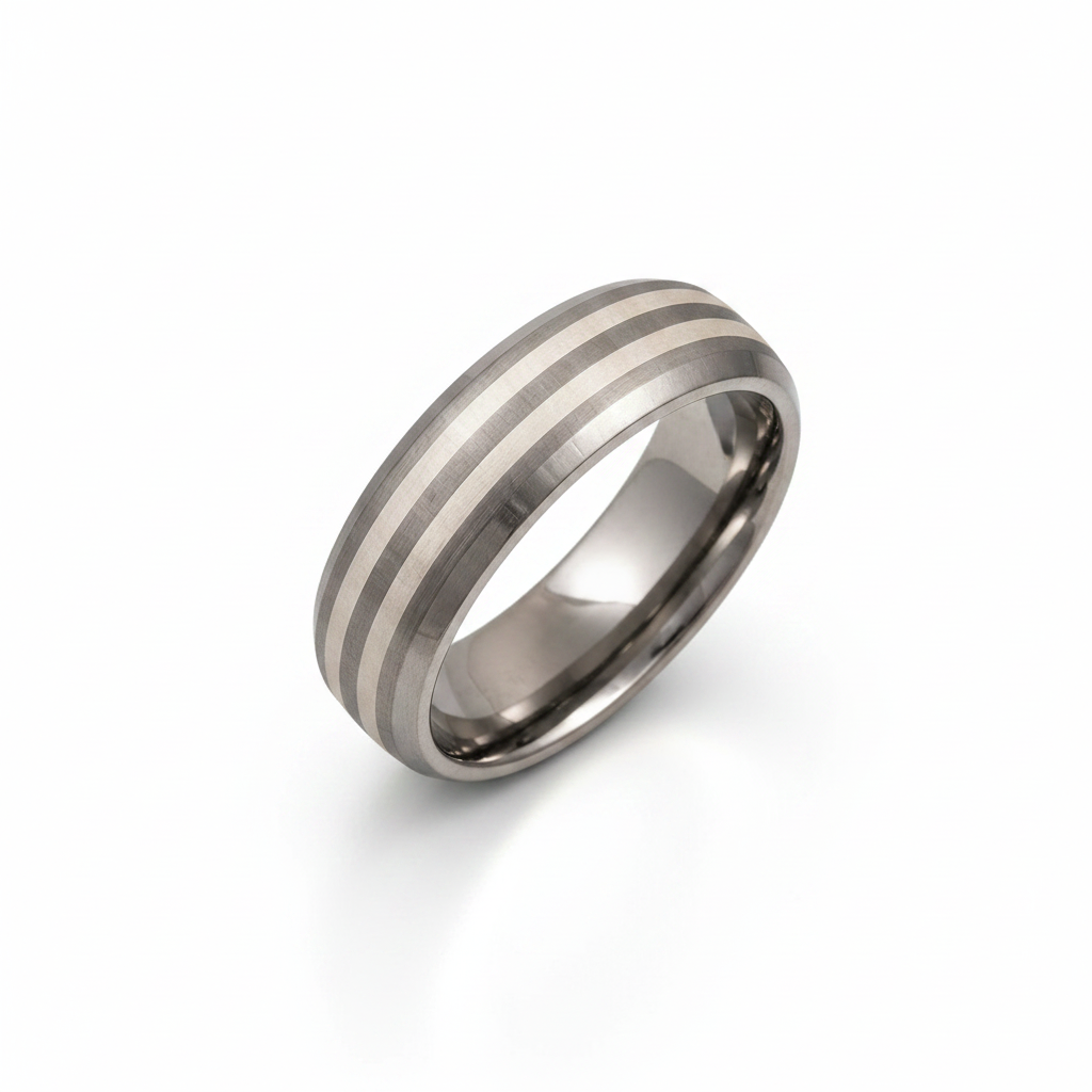Titanium and Silver Inlay Court Shape Matt 7mm Ring