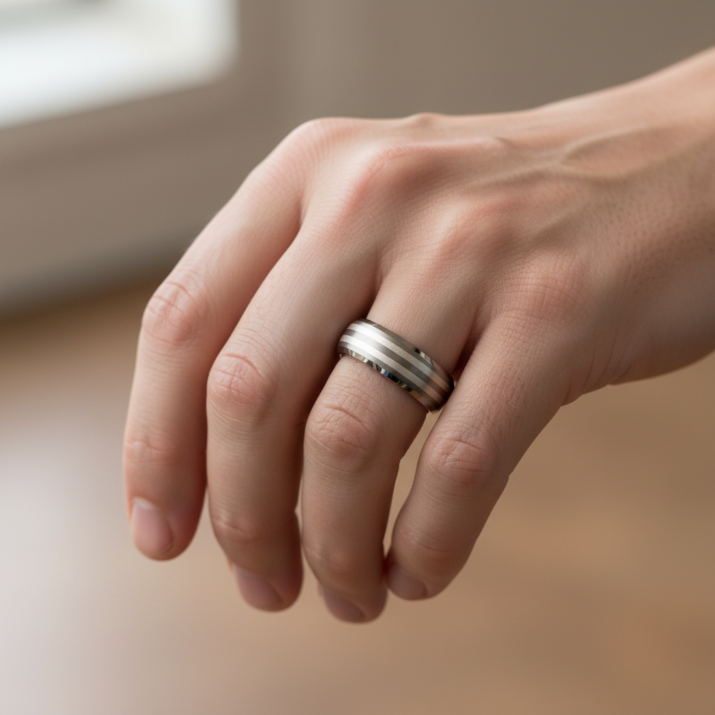 Titanium and Silver Inlay Court Shape Matt 7mm Ring