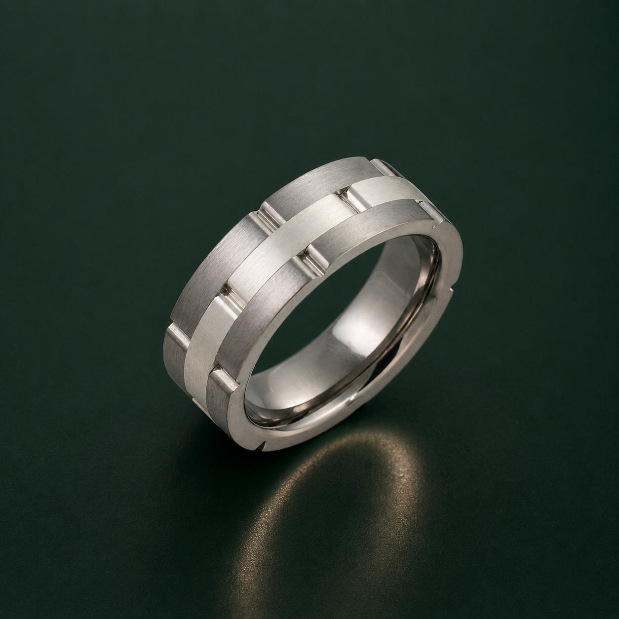 Titanium and Silver Inlay Flat Court Shape Matt Brick Design 7mm Ring