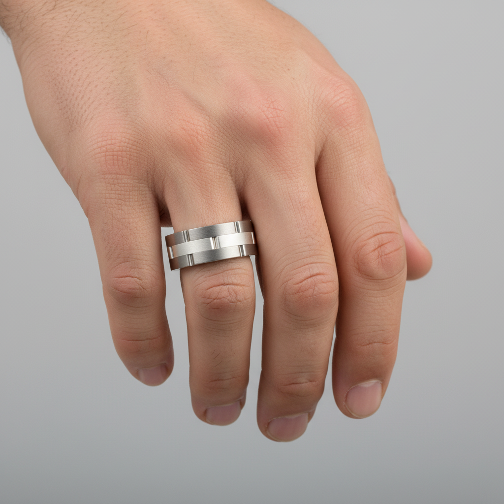 Titanium and Silver Inlay Flat Court Shape Matt Brick Design 7mm Ring