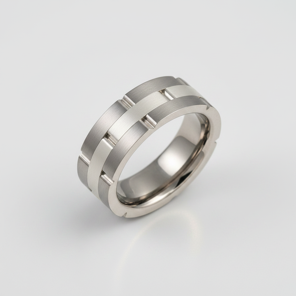 Titanium and Silver Inlay Flat Court Shape Matt Brick Design 7mm Ring