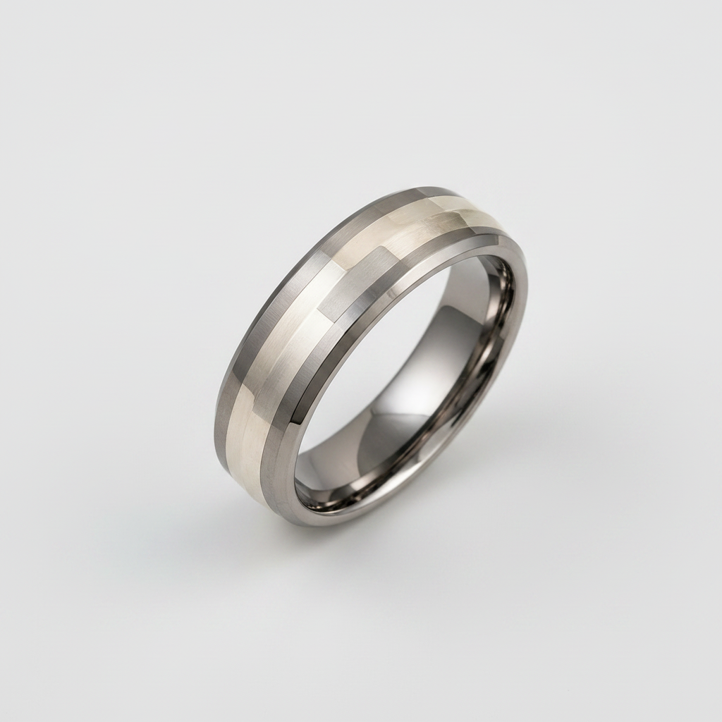 Titanium and Silver Center Shinny Inlay Court Shape  7mm Ring