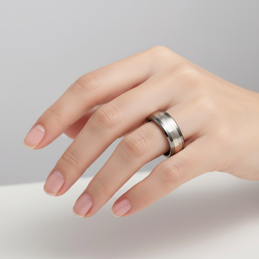 Titanium and Silver Center Shinny Inlay Court Shape  7mm Ring