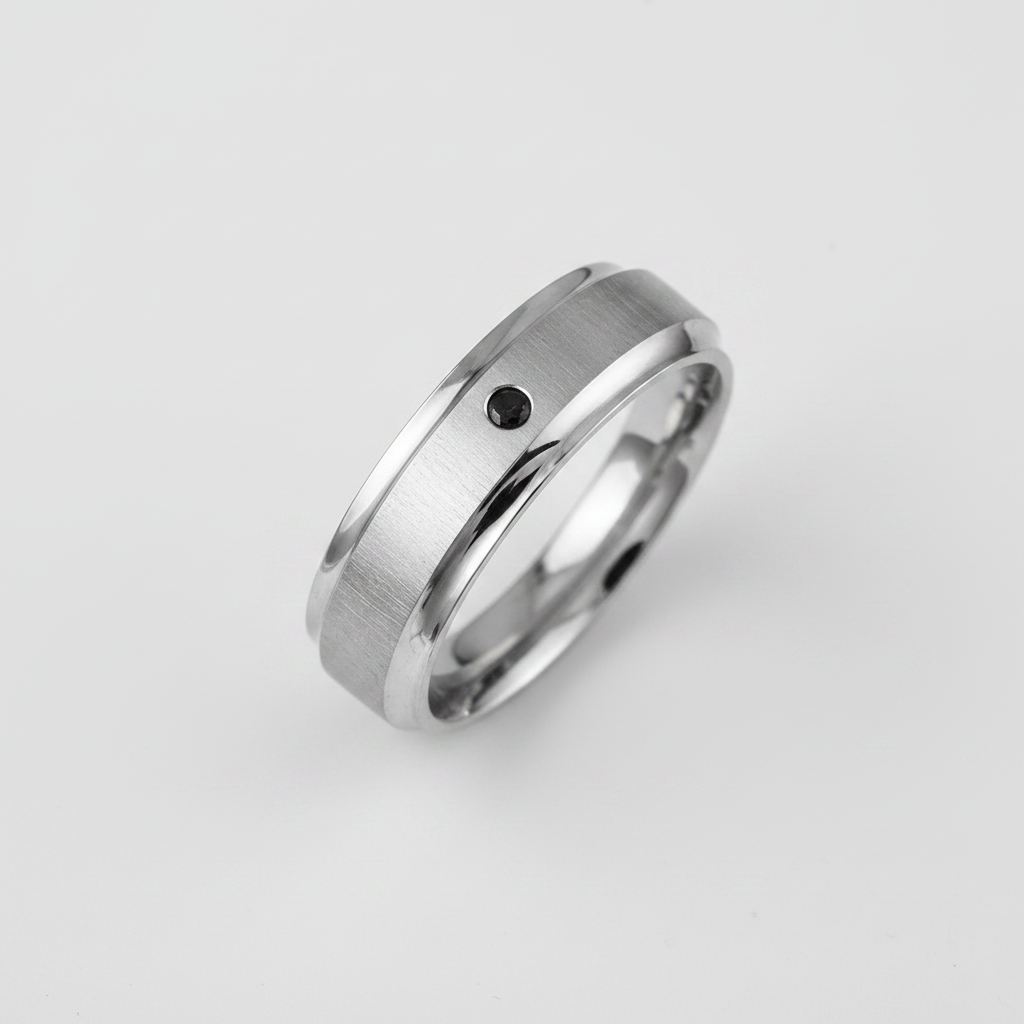 Titanium Matt Center 0.05ct Round Black Diamond 7mm Ring