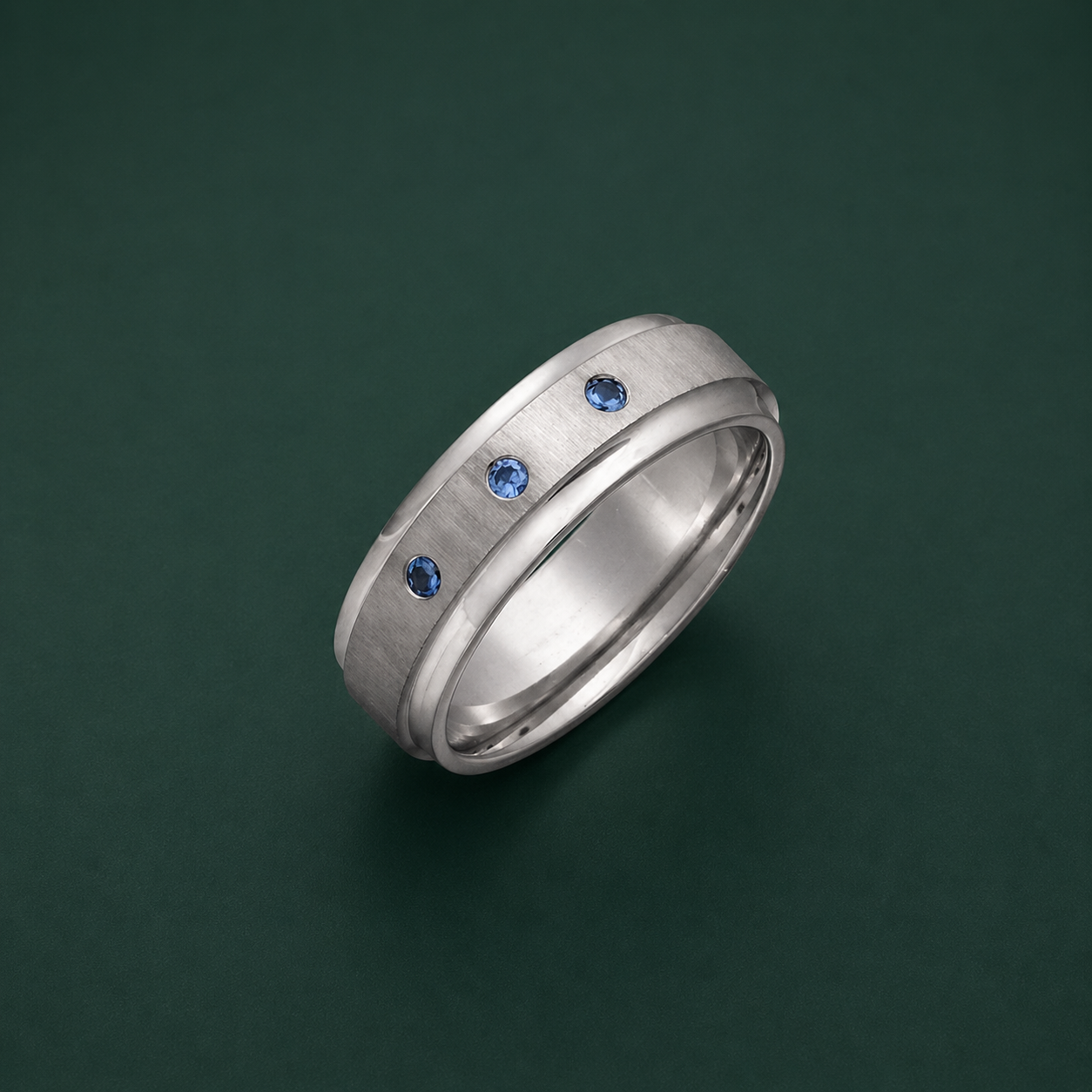 Titanium Flat Court Shape Matt Center 3 Round Blue Sapphires 7mm Ring