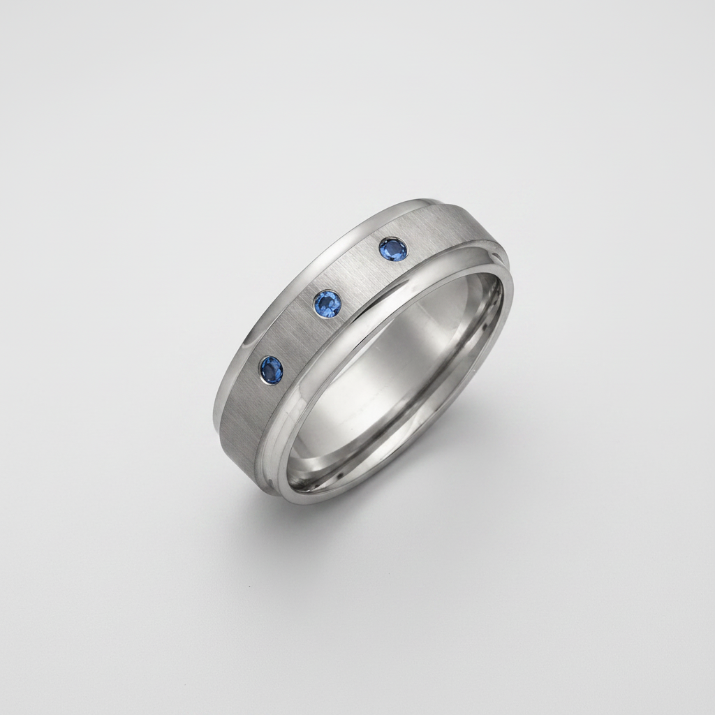 Titanium Flat Court Shape Matt Center 3 Round Blue Sapphires 7mm Ring
