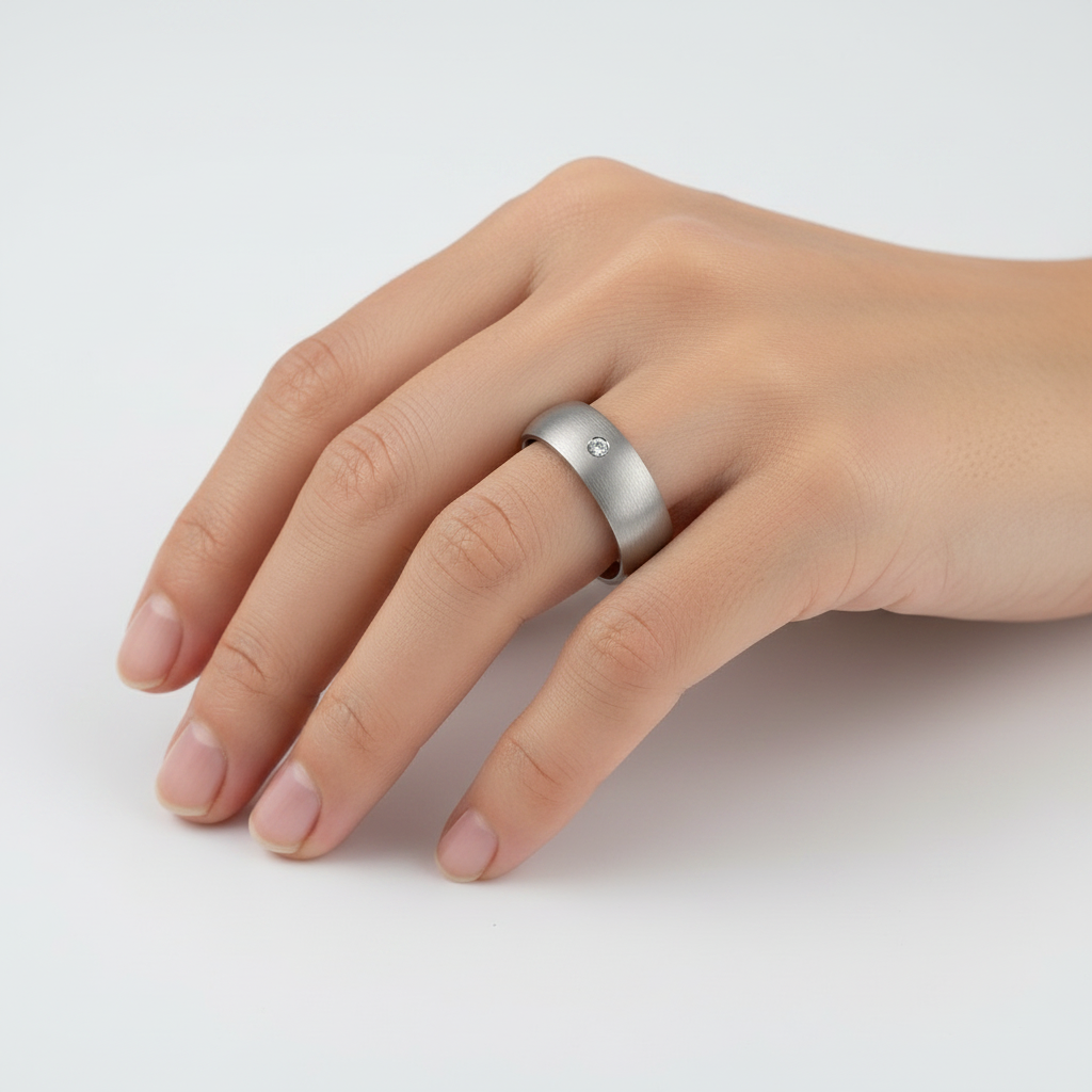 Titanium Court Shape Matt 0.05ct Round Diamond 7mm Ring