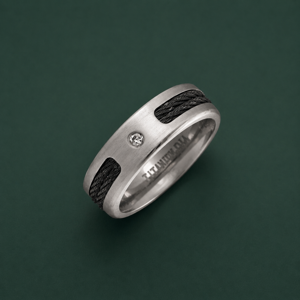 Titanium Matt Diamond with Two Black Ropes 7mm Ring