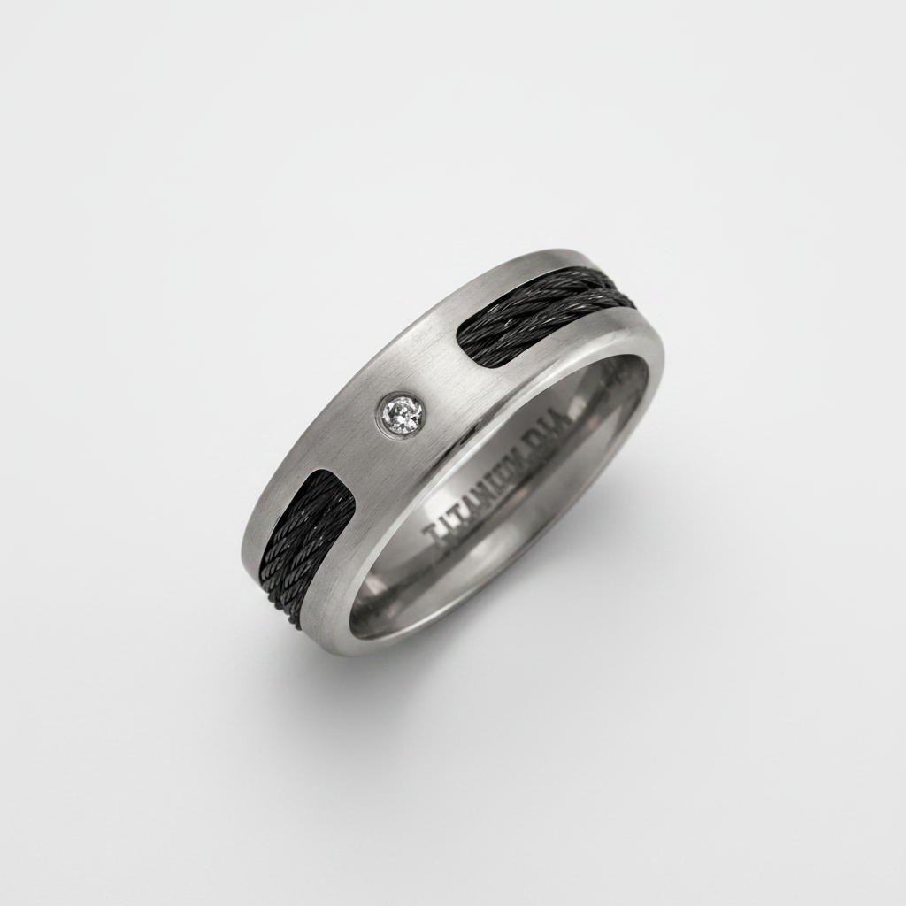 Titanium Matt Diamond with Two Black Ropes 7mm Ring