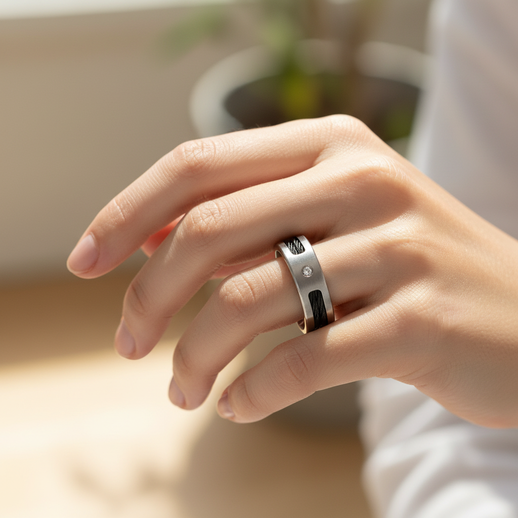 Titanium Matt Diamond with Two Black Ropes 7mm Ring