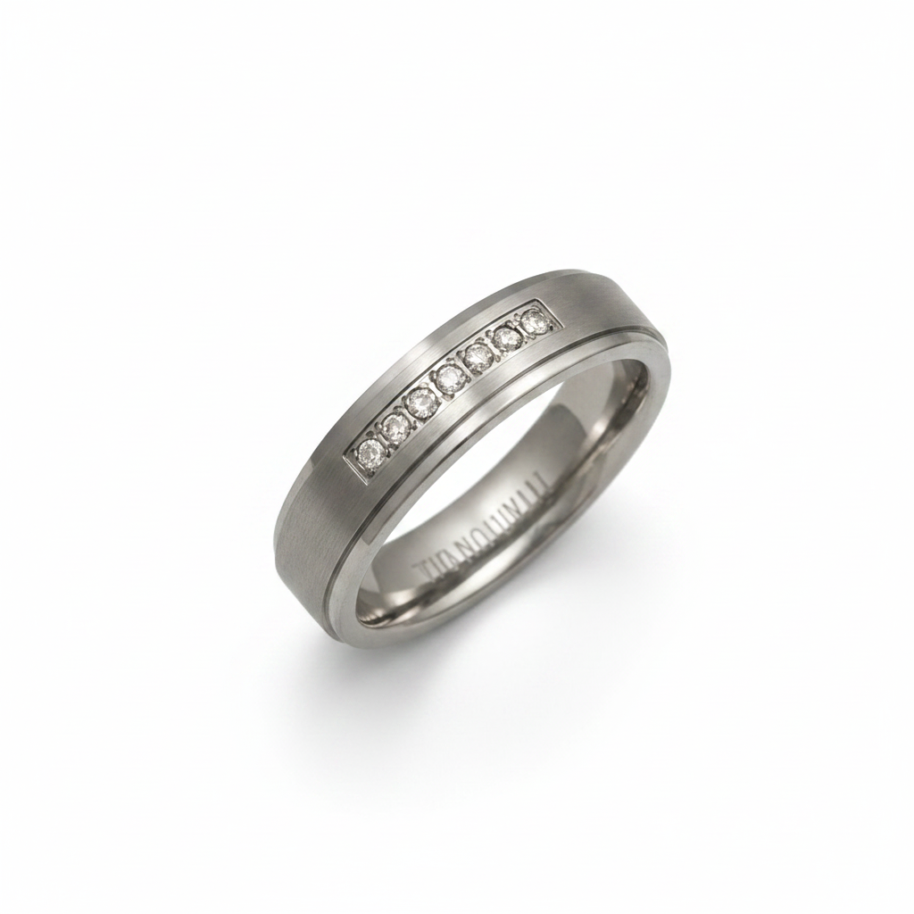 Titanium Matt Embossed Center 0.1ct Diamond 6mm Ring