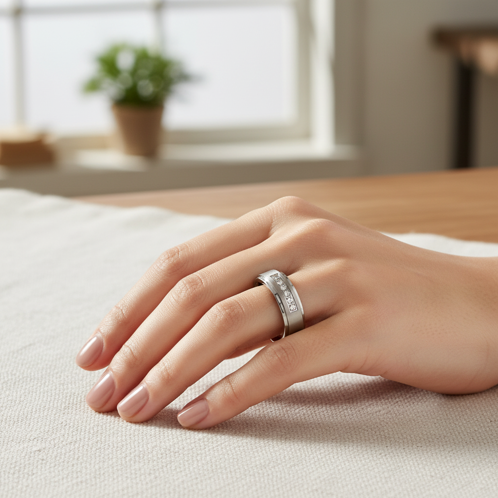 Titanium Matt Embossed Center 0.1ct Diamond 6mm Ring