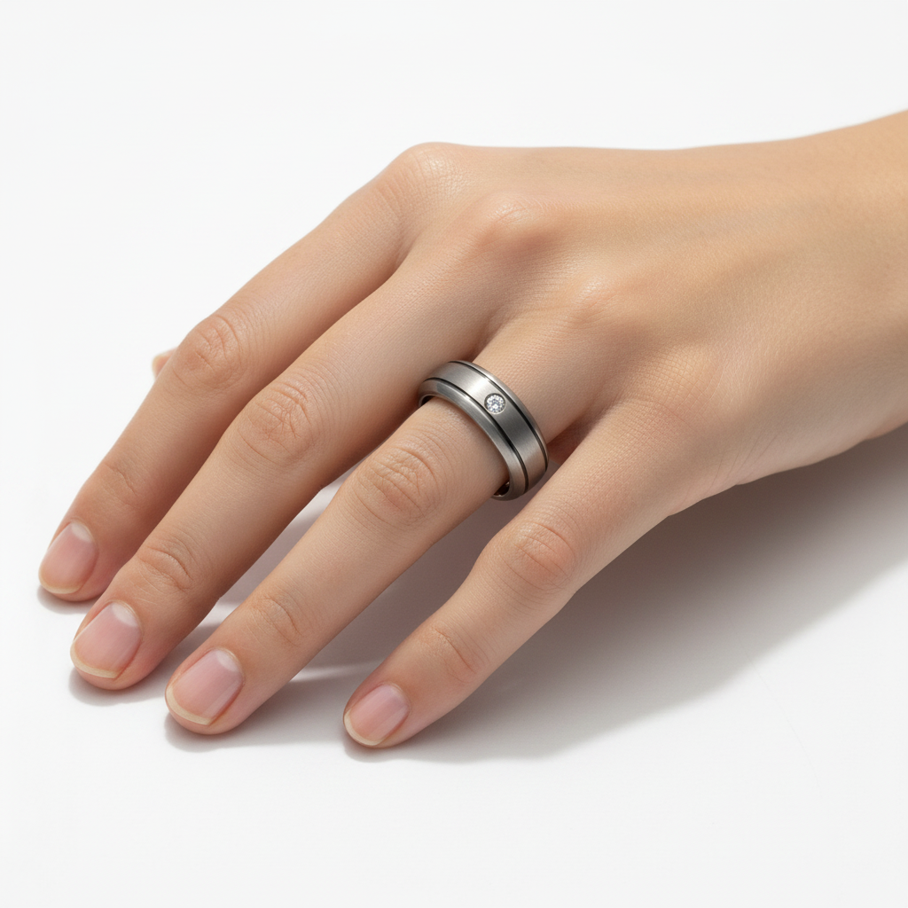Titanium Matt with Two Grooves Diamond 6mm Ring