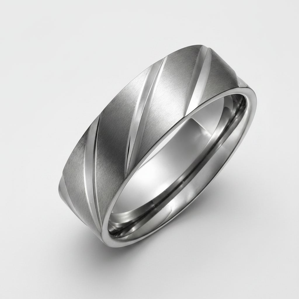Titanium Flat Court Shape Matt with Polished Diagonal Grooves 7mm Ring