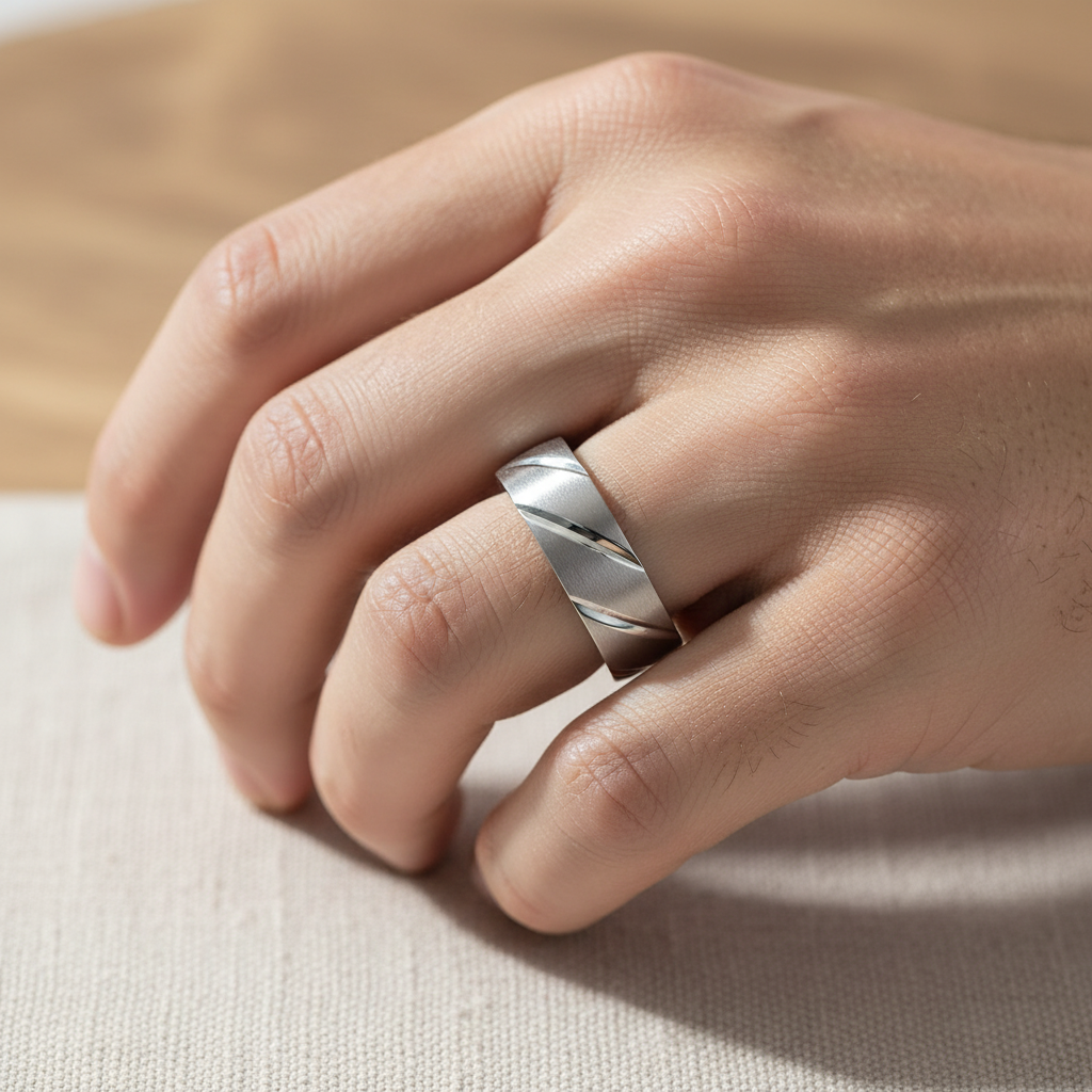Titanium Flat Court Shape Matt with Polished Diagonal Grooves 7mm Ring