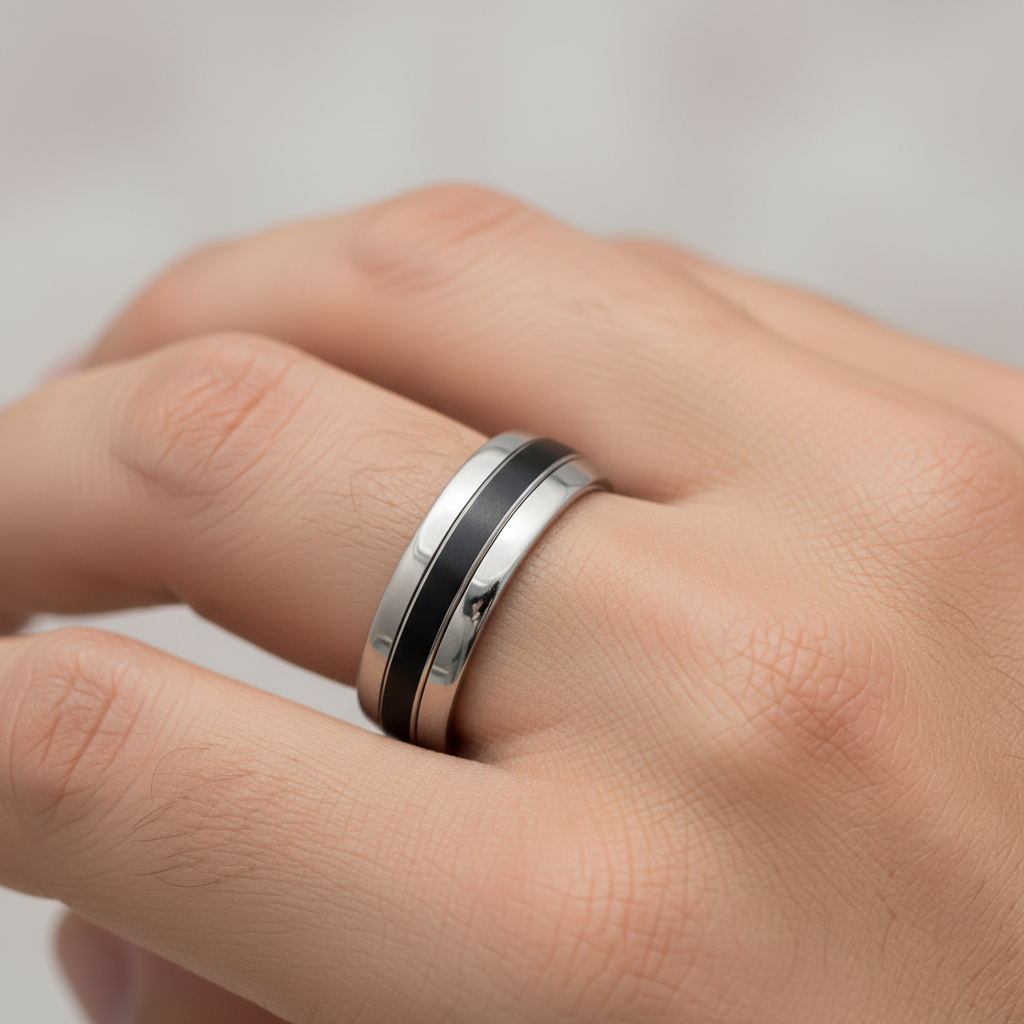 Titanium Court Shape Black Center 7mm Ring