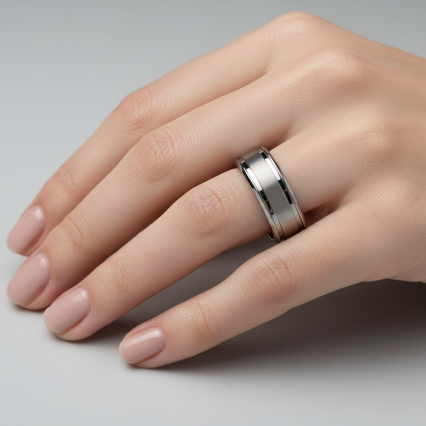 Titanium Flat Court Shape Matt Center and Two Grooves 7mm Ring