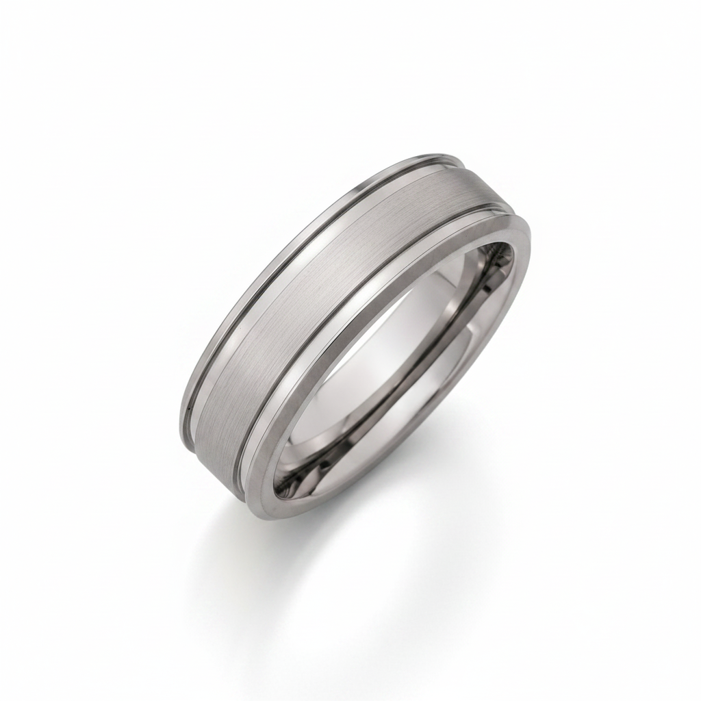 Titanium Flat Court Shape Matt Center and Two Grooves 7mm Ring