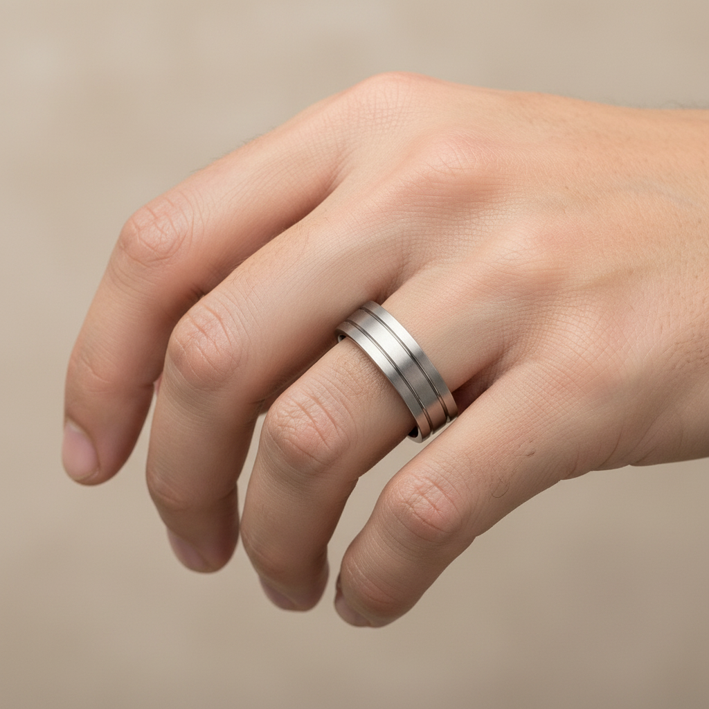 Titanium Flat Court Shape Polished Double Groove 6mm Ring