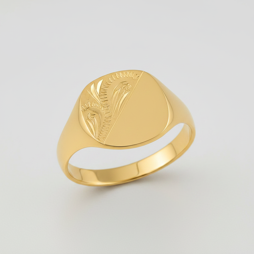 Ladies Gold Engraved Oval-Shaped Signet Ring