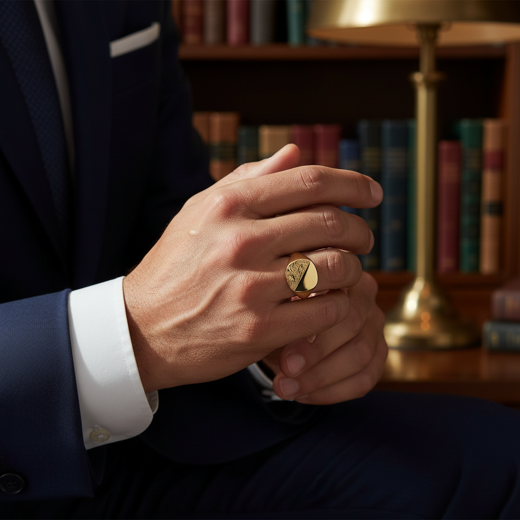 Ladies Gold Engraved Cushion-Shaped Signet Ring