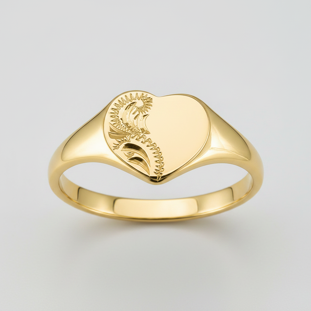 Ladies Gold Engraved Heart-Shaped Signet Ring