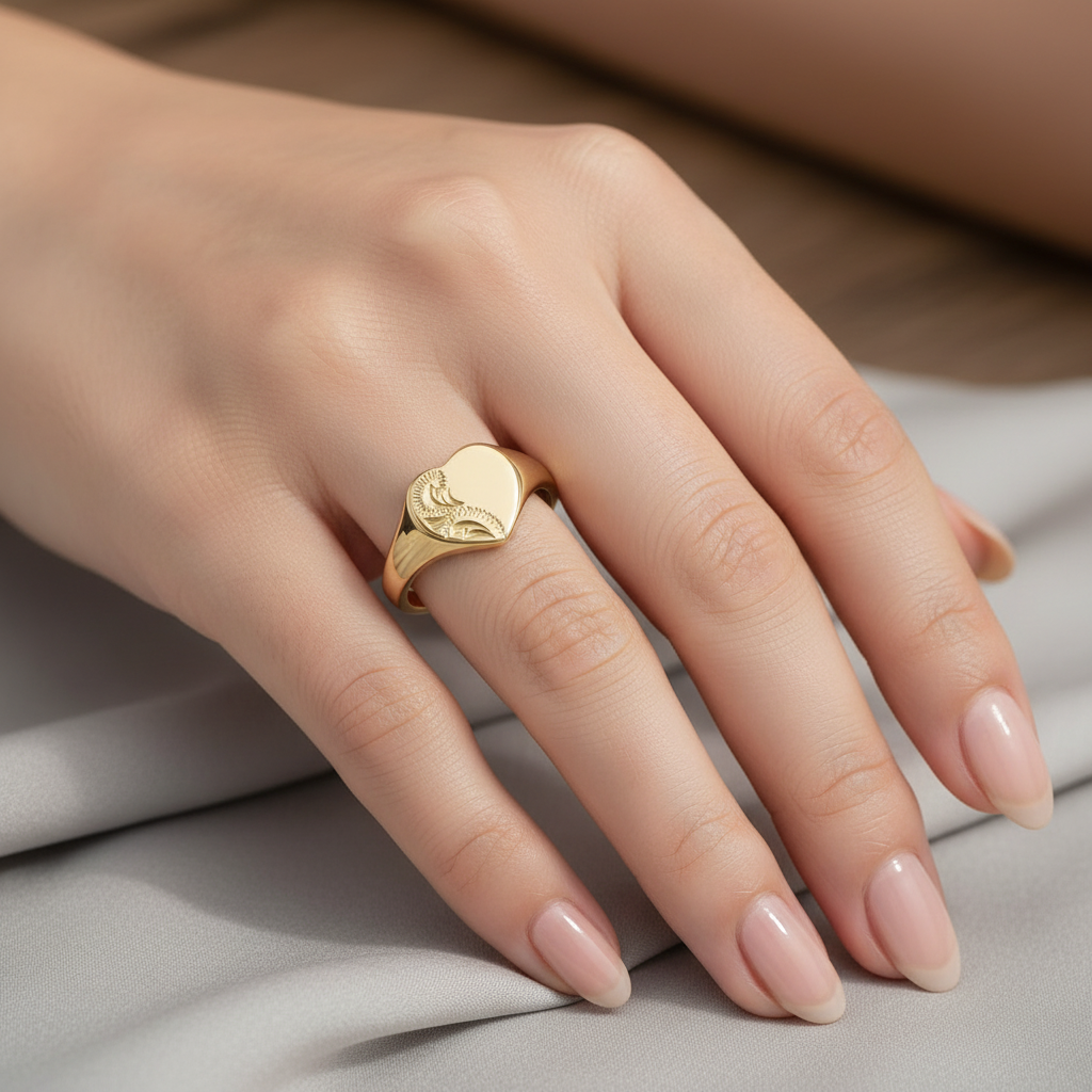 Ladies Gold Engraved Heart-Shaped Signet Ring
