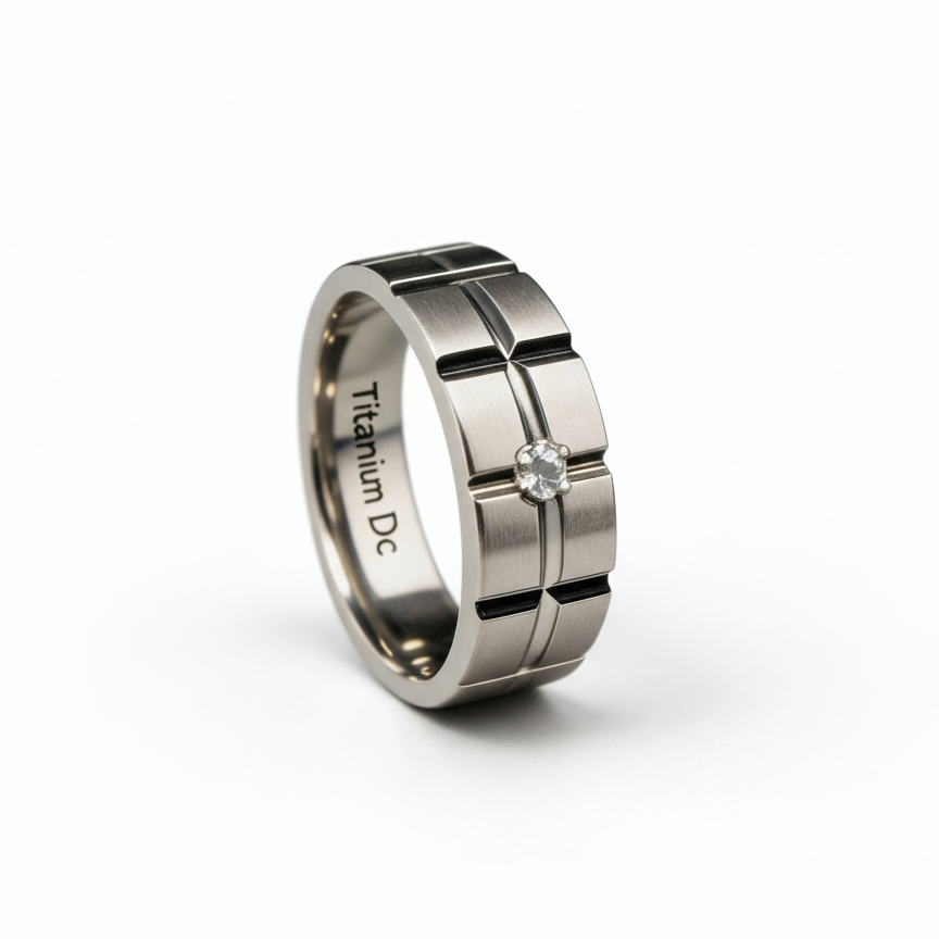 Titanium Matt with Brick Like Grooves Diamond 7mm Ring