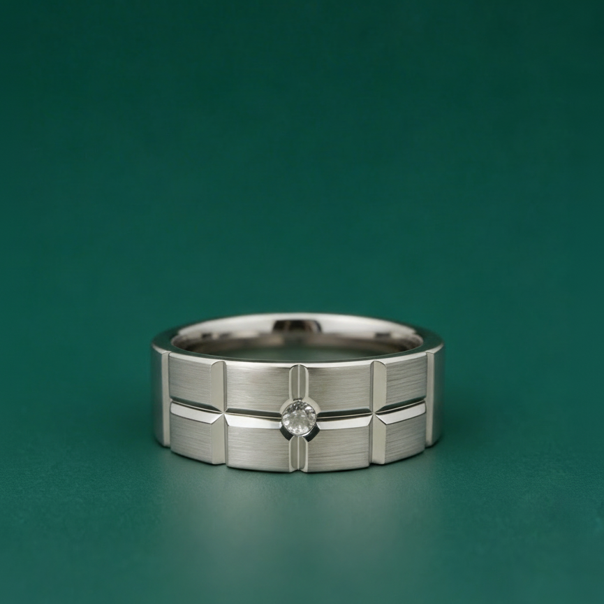 Titanium Matt with Brick Like Grooves Diamond 7mm Ring